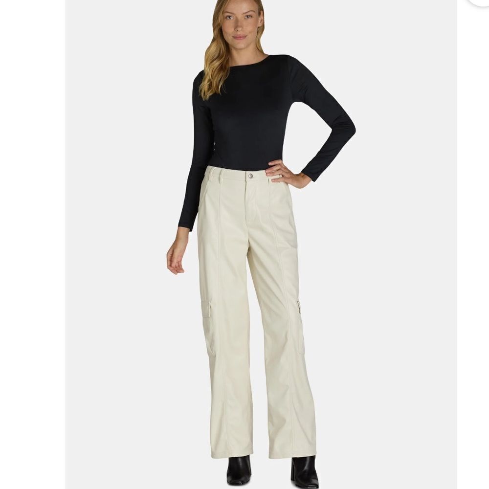 Women's Cream Pleather Cargo Wide Legged Pants